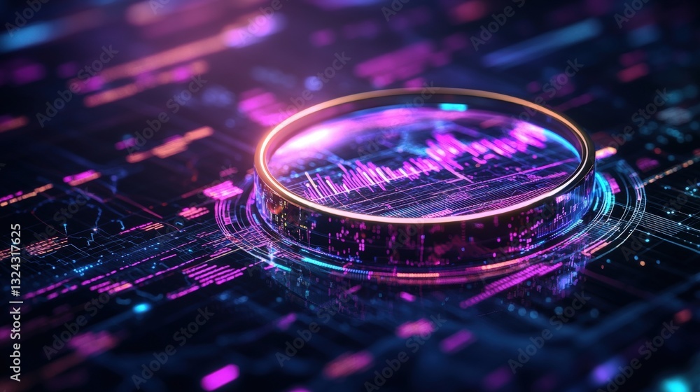 Poster magnifying glass positioned on circuit board symbolizing data analysis and technological exploration