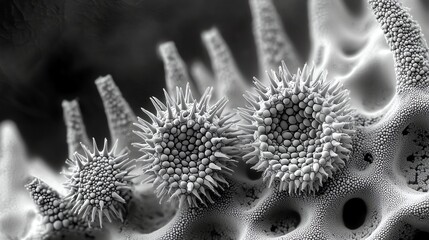 Electron microscope view of a single grain of pollen, showing spiky surface textures and microscopic details