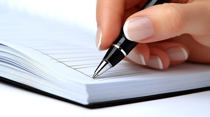 A hand is writing in a lined notebook with a pen