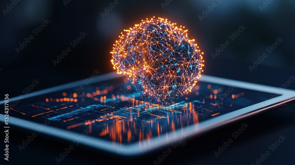Poster tablet with glowing sphere on top representing data visualization and innovative technology in digit