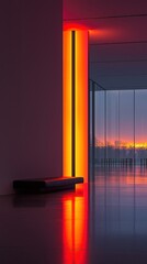 Modern interior with light column and glass wall, reflecting sunset colors