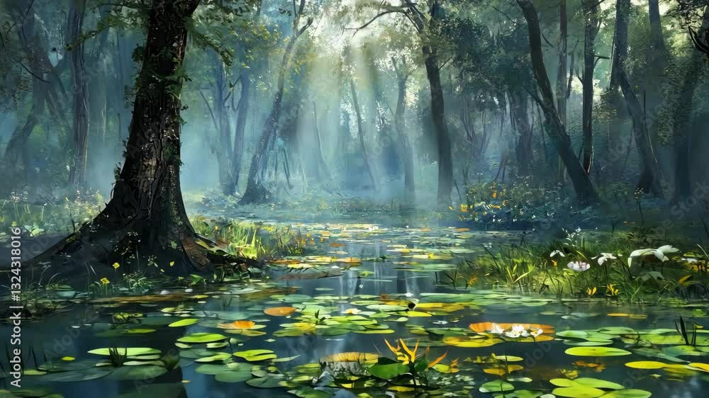 Poster enchanting forest with sunlight filtering through trees and lily pads in calm water