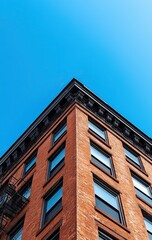 a Brick Building Corner Against a Clear Blue Sky on a Sunny Day in New York City
