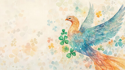 mythical phoenix with vibrant feathers surrounded by shamrocks, symbolizing rebirth and luck