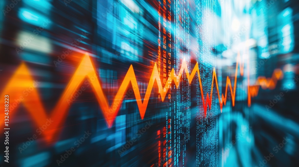 Poster dynamic visualization of financial data trends with vibrant orange lines representing market fluctua