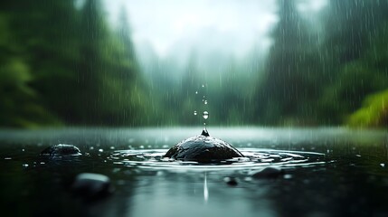 Ethereal rainfall gently painting a serene glassy surface in a romantic impressionist style with delicate water droplets diffused lighting and a mist shrouded renaissance inspired landscape