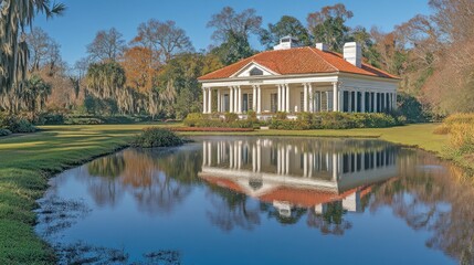 Fototapeta premium Georgian mansion reflected in tranquil pond, autumn garden