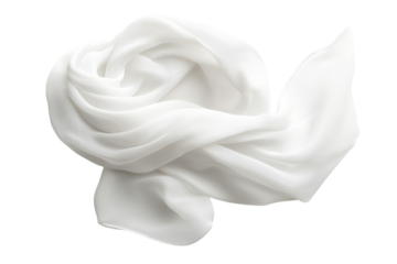 Elegant white silk scarf gracefully draped on a soft surface during a minimalist setting isolated on transparent background