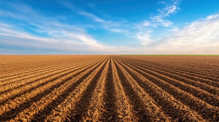 Heat Wave Danger Earth Concept, Vast Drought-Stricken Farmland with Dry Dusty Soil Under Clear Blue Sky