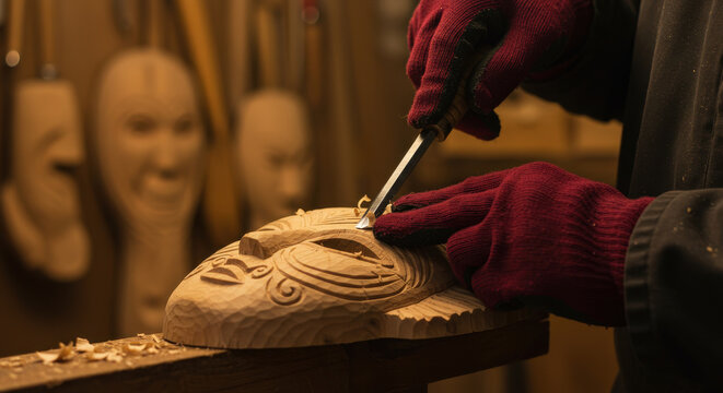 Artisan woodcarver's hands in gloves carving a traditional wooden mask with a chisel in a workshop.