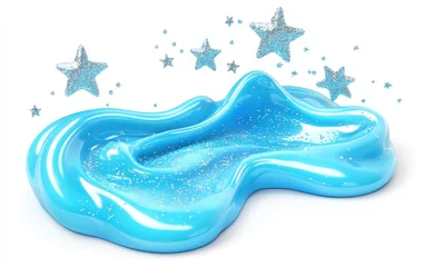 Fotobehang Bright cyan slime with small silver star glitter, isolated on clear white background © Marina