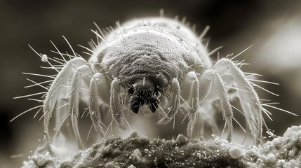 Electron microscope view of a dust mite, capturing its segmented body and fine hair-like structures in sharp detail