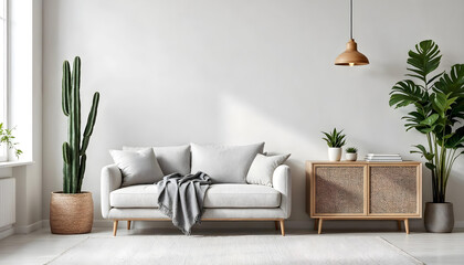 an interior of a modern living room with sofa and carpet
