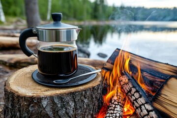 Freshly brewed coffee in a French press beside a campfire by the lake
