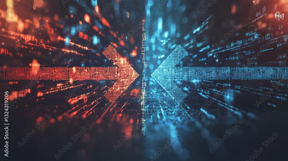 Aufkleber digital representation of successful merger with vibrant blue and red data streams converging, symbo