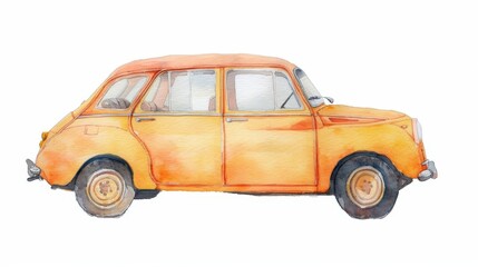 Fototapeta premium Vintage Orange Car with a Watercolor Effect on a White Background