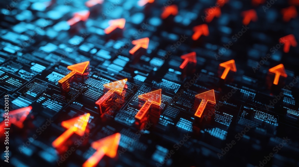 Poster visual representation of upward trends in technology with glowing arrows on digital background, symb