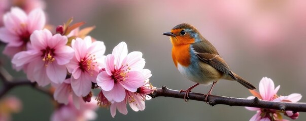 Branch covered in blossoms and a European robin, blossoms covering branch, tree branches blossoms, blossoming cherry tree