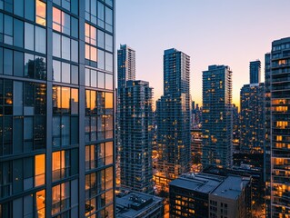 Cityscape sunset, high-rise buildings, urban scene, twilight glow, aerial view, real estate