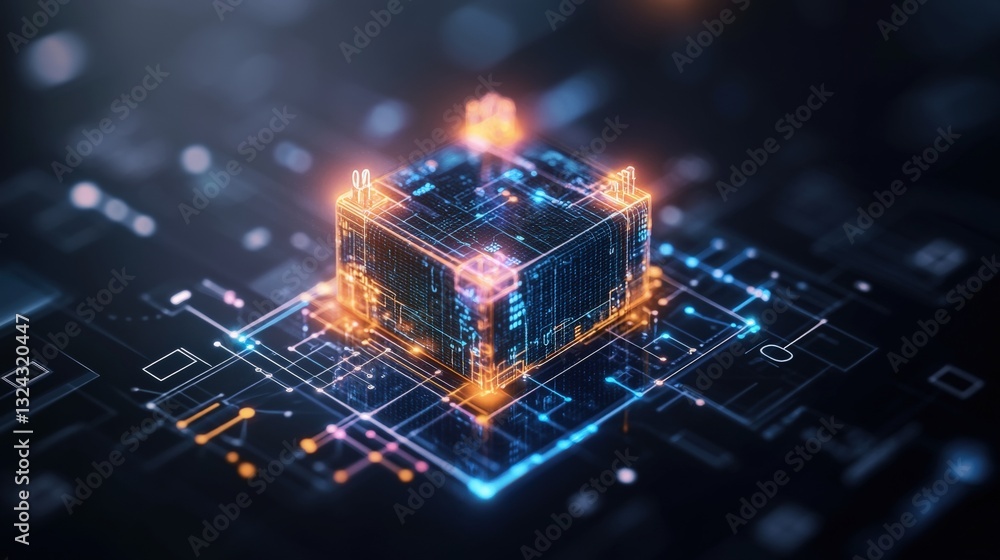 Poster a cube with glowing lights set against a colorful digital flowchart illustrating management concepts
