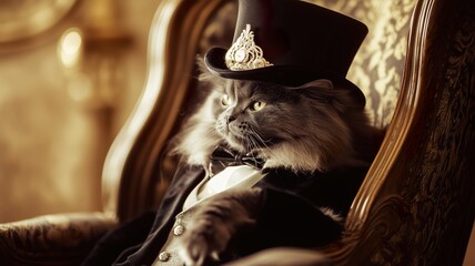 Long-haired black and white cat wearing a witch hat and cloak, sitting in a vintage armchair