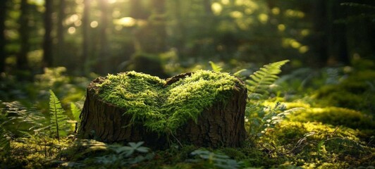 Forest cemetery funeral backdrop with close up of wooden heart on moss. Natural burial site in woodland for tree burial