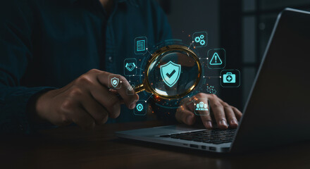 Fototapeta premium Data Security Audit: Magnifying Trust, Analyzing Protection. Cyber Risk Assessment, Digital Safety Checks & Privacy Compliance on Laptop.
