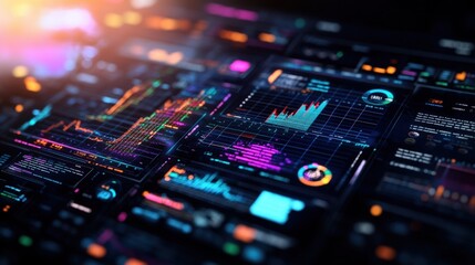 Detailed computer screen showcasing extensive financial data on a photo realistic digital dashboard interface