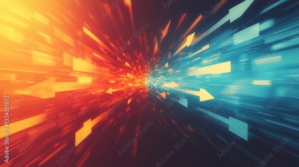Poster dynamic visual representation of merging colors, showcasing vibrant red and blue arrows converging. 