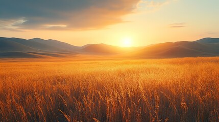Soft, blurred hills and gently swaying dry grass create a serene, peaceful atmosphere, evoking calm and connection with nature.