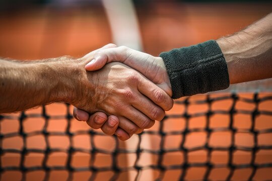 High Detail Picture of Sportsmanship Two Tennis Players Shaking Hands Over the Net