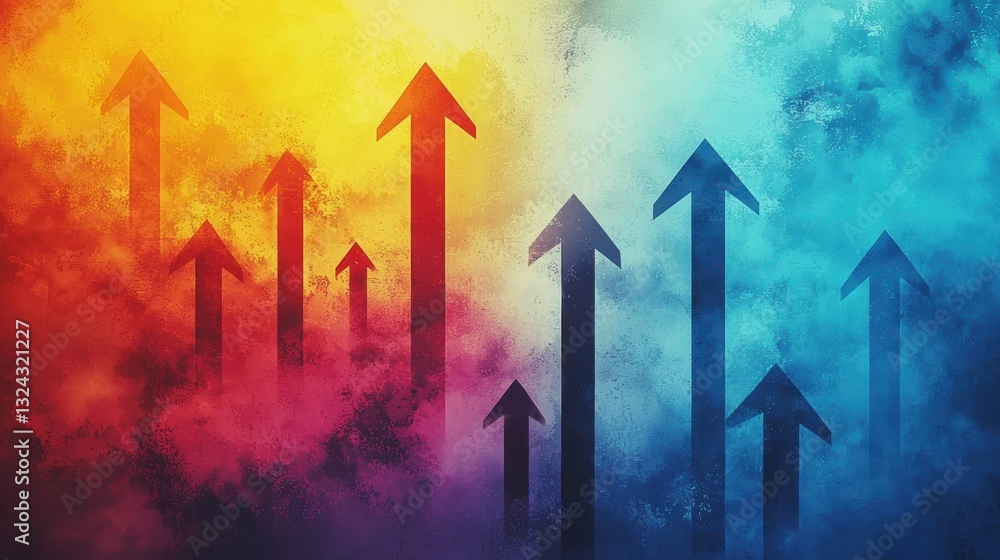 Poster colorful abstract background with upward arrows symbolizing growth and progress, blending warm and c