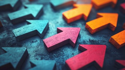 Colorful arrows pointing upwards on textured surface, symbolizing growth and progress. vibrant colors create dynamic visual impact, enhancing theme of success