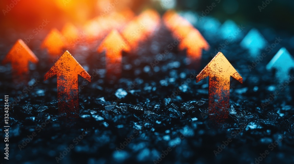 Poster visual representation of growth and success with upward arrows on dark surface, symbolizing progress