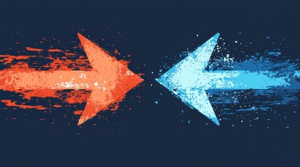 Dynamic arrows in orange and blue symbolize contrasting directions, representing choices and decisions in vibrant, abstract style