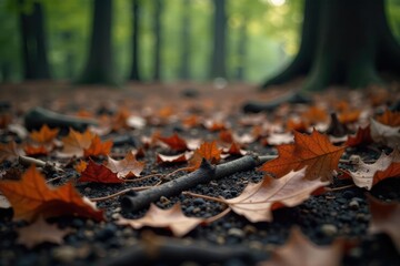 Burning leaves and twigs scattered on the forest floor, foliage, charcoal, leaf litter