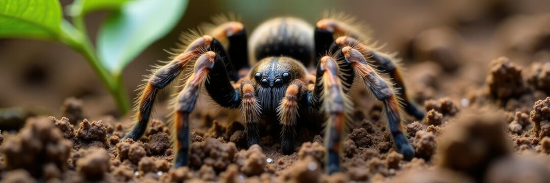 Burrowed soil with tarantula spider Pterinopelma sazimai, leggy, spiders, hairy
