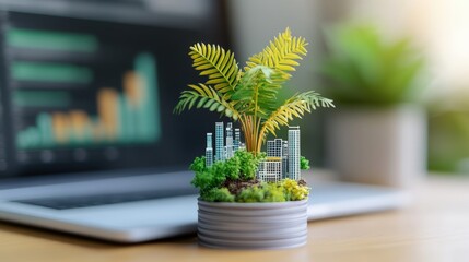 Lush green plant positioned in front of a laptop signifying the intersection of nature and digital technology
