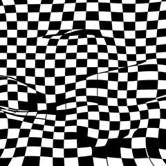 Groovy checkered pattern, colorful distorted tiled grid. Vintage wavy curved backdrop, distortion effect. Funky geometric chessboard texture, retro background in 90s style, y2k. Vector illustration