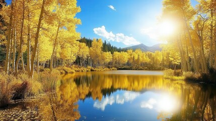 Fototapeta premium Of a Tranquil lake surrounded by golden aspen trees reflecting on the calm water surface