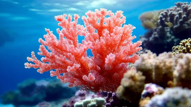 Vibrant coral reef thriving under clear blue ocean water with diverse marine life in background
