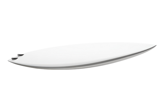 A sleek white surfboard resting on a sandy beach under a bright blue sky at midday isolated on transparent background