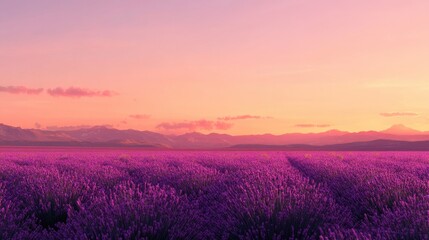 Of a Vibrant lavender field stretching to the horizon with soft purple hues under a pastel-colored sunset sky