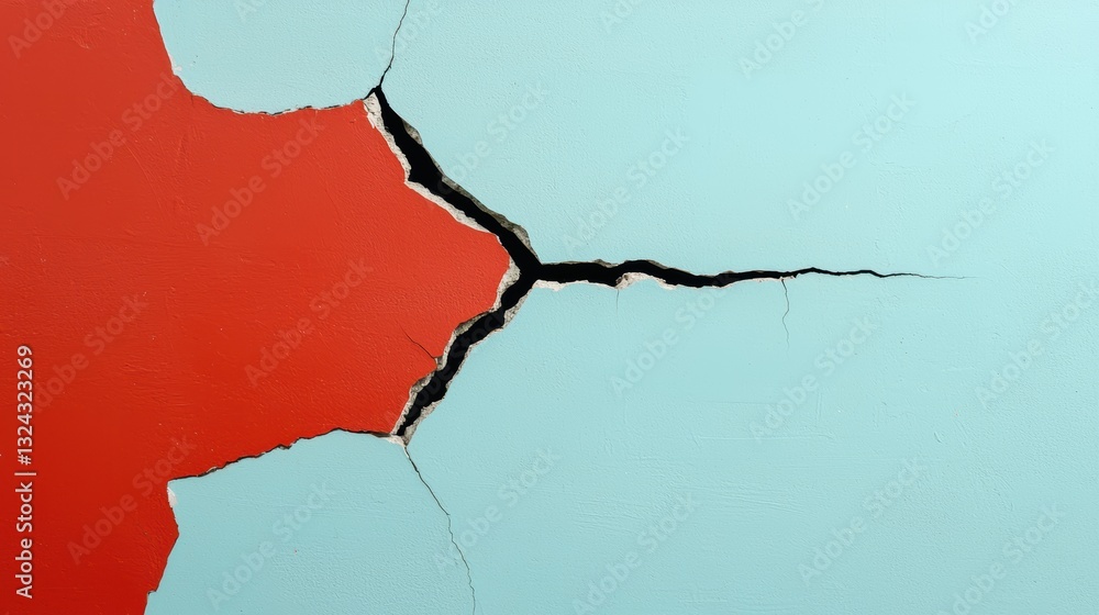 Poster cracked wall with black lines on colorful surface, showcasing striking contrast between red and blue