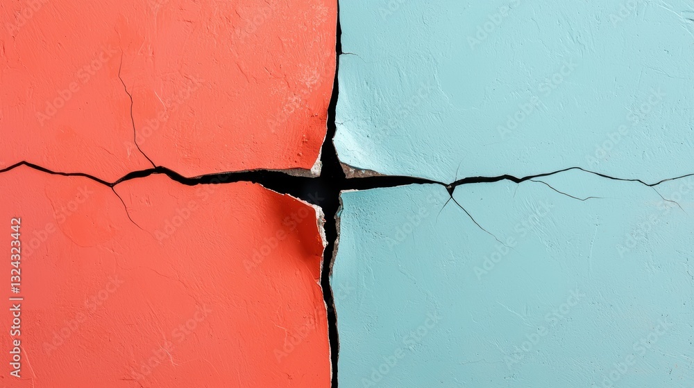 Poster cracked wall with contrasting colors, showcasing red and blue sections. cracks create interesting vi