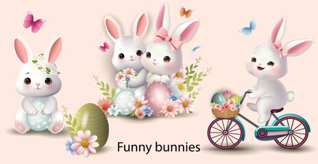 Collection of adorable Easter bunnies, realistic format in a festive design