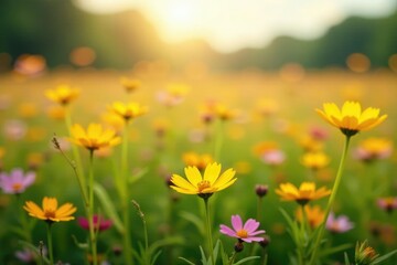 Fototapeta premium Field of yellow and pink wildflowers swaying in the gentle morning breeze, field, flowers, peaceful