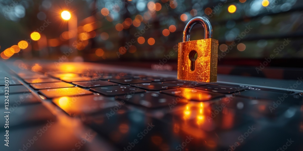 Poster golden padlock placed on a laptop keyboard with warm bokeh lights in the background