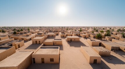 Heat Wave Danger Earth Concept, Expansive View of Desert Town Under Bright Sunlight with Heat Haze on the Horizon