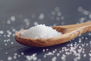 detailed visual  of wooden spoon with crystalline erythritol sugar
